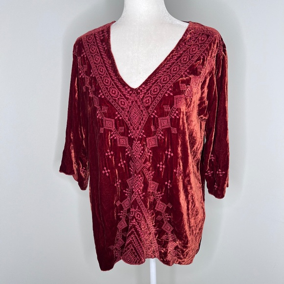 Johnny Was Velvet Rust Red V neck Blouse Top P M - Picture 1 of 5